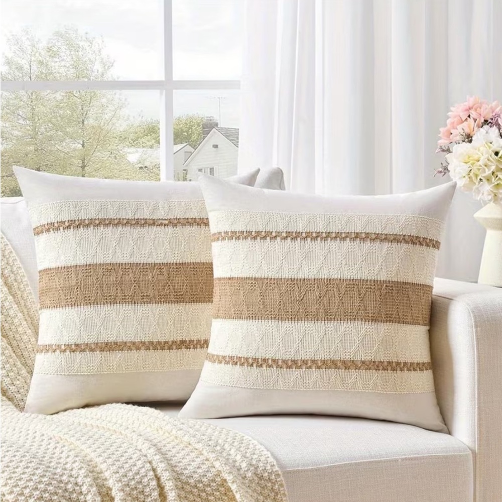 Boho Neutral Throw Pillow Covers Set | Beige Woven Farmhouse Decor - Picture 6 of 6